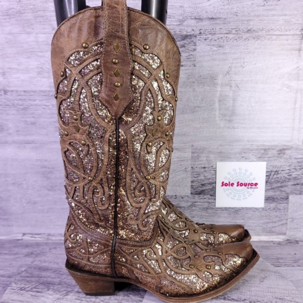 Corral Orix Glitter Inlay Studded Cowgirl Boot Brown Gold Women's sz 7.5